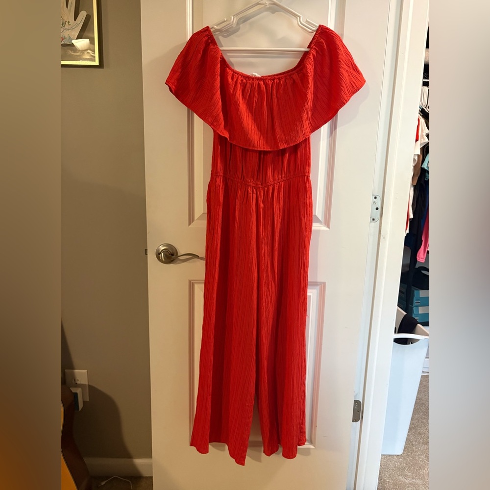 Off the shoulder orange jumpsuit